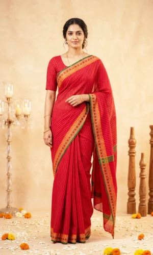 Red Cotton  Dhaniakhali Saree