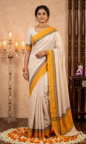 Cotton  Dhaniakhali Saree (Yellow Border)