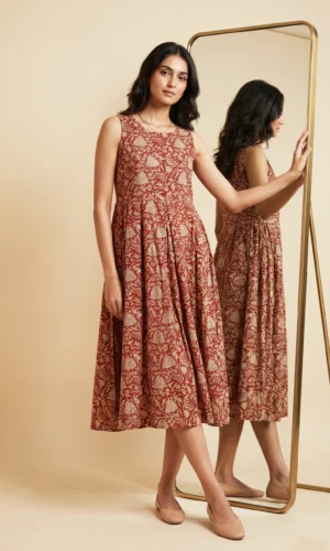 Orange Cotton Printed Dress