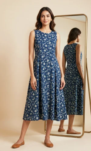 Blue Cotton Printed Dress