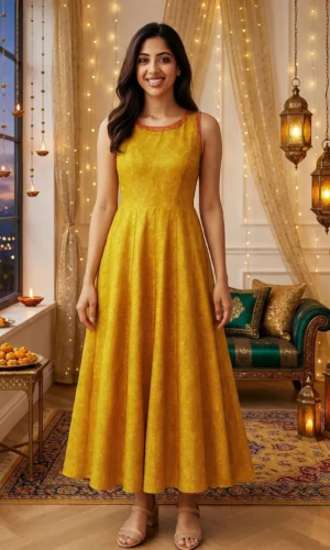 Woman Jamewar Silk Dress Yellow Colour