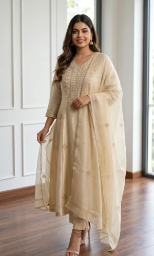 Woman Chanderi Ivory Silk Dress