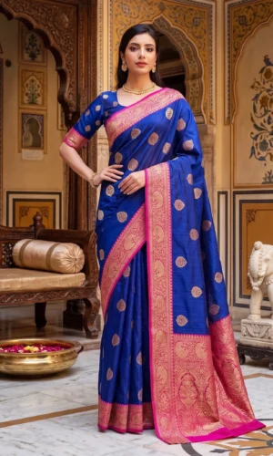 Banarsi Pure Handloom Kaduwa Dupion Silk Premium Saree Blue