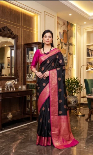 Banarsi Pure Handloom Kaduwa Dupion Silk Premium Saree Black