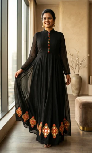 Woman Net Flowy Feathery Light Weight Long Anarkali Dress
