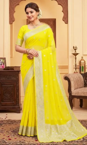 Chiffon Banarsi Pure Handloom Kaduwa Yellow Colour Saree