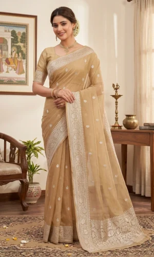 Chiffon Banarsi Pure Handloom Kaduwa Beige Colour Saree