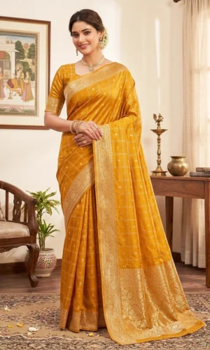 Chiffon Banarsi Pure Handloom Kaduwa Yellow Colour Saree