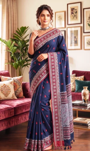 Blue Assam Khadi Cotton Saree