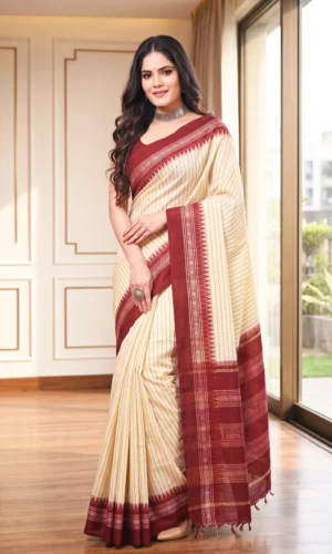 Maroon Border Cotton  Dhaniakhali Saree