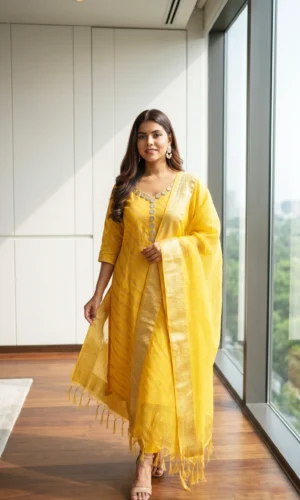 Woman Chanderi Mustard Yellow Silk Dress