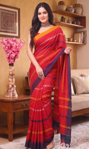 Red Cotton Dhaniakhali Saree