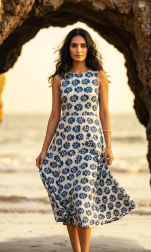 Woman Blue on White  Printed Cotton Dress