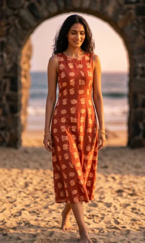 Woman White on Orange Printed Cotton Dress
