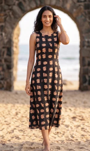 Woman White on Black Printed Cotton Dress