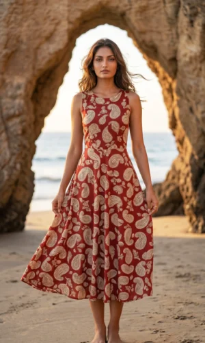 Woman White on Red Printed Cotton Dress