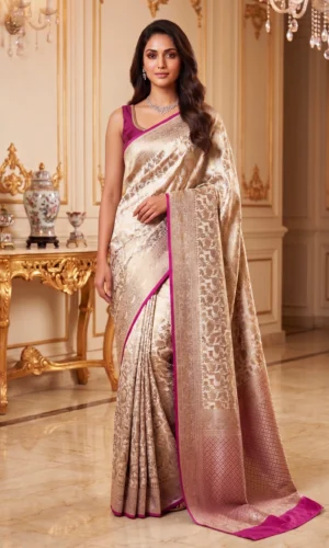 Golden Pure Katan Silk Banarasi Saree with Gold Zari